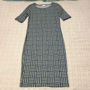 LuLaRoe navy blue and lime green Julia dress